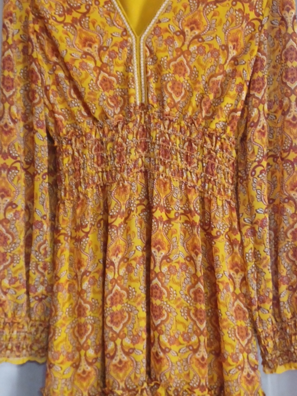 Max Studio Smocked Waist Mini Dress Balloon Sleeves V-Neck Mustard Boho Size L - Picture 6 of 15